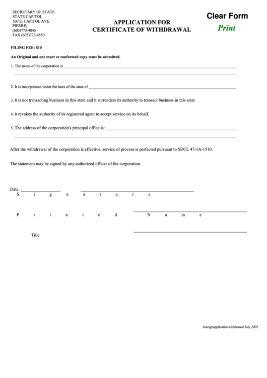 Fillable Application For Certificate Of Withdrawal Form Printable pdf