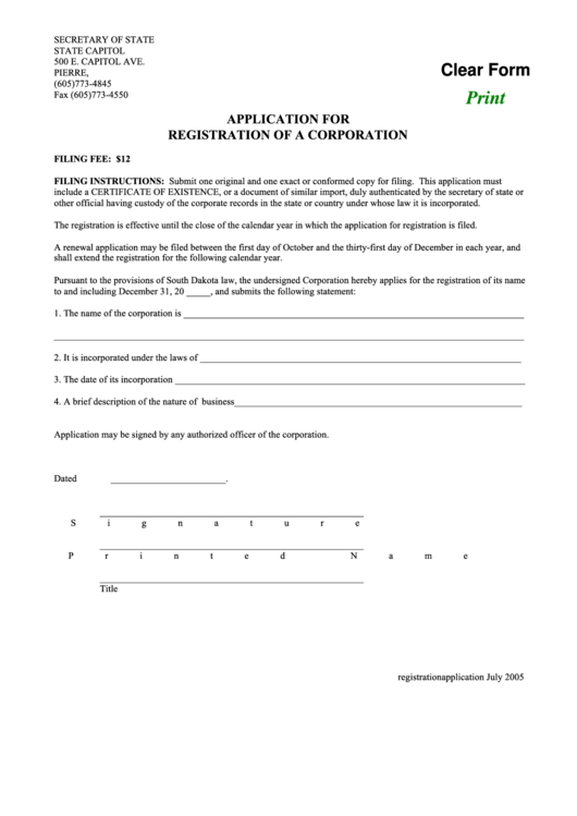 Fillable Application For Registration Of A Corporation Form Printable pdf