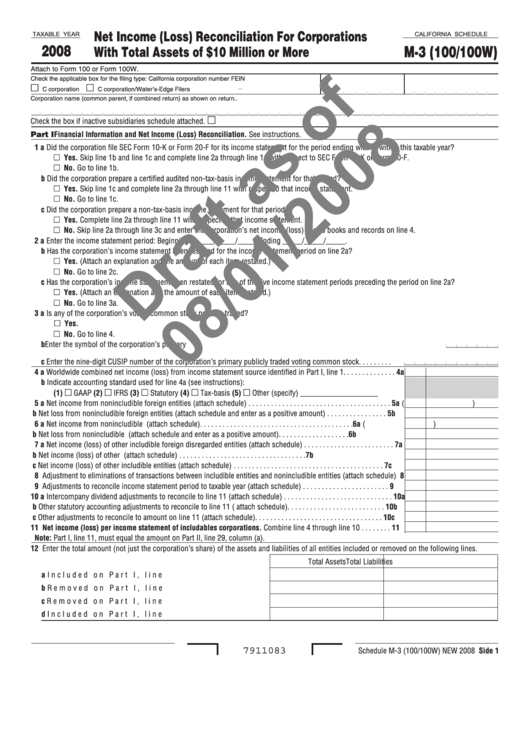California Schedule M-3 (100/100w) - Net Income (Loss) Reconciliation For Corporations With Total Assets Of 10 Million Or More - 2008 Printable pdf