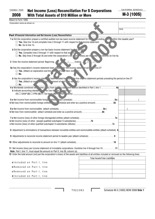 Form M-3 (100s) Draft - Net Income (Loss) Reconciliation For S Corporations Printable pdf