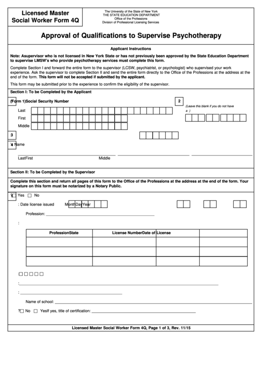 Fillable Licensed Master Social Worker Form 4q - Approval Of Qualifications To Supervise Psychotherapy Printable pdf
