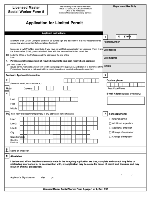 Fillable Form 5 - Application For Limited Permit Printable pdf
