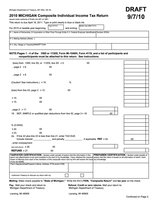 Form 807 Draft - Michigan Composite Individual Income Tax Return - 2010 Printable pdf