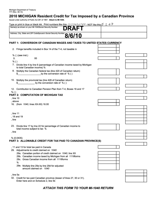 Form 777 Draft - Michigan Resident Credit For Tax Imposed By A Canadian Province - 2010 Printable pdf