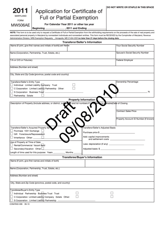 Maryland Form Mw506ae Draft - Application For Certificate Of Full Or Partial Exemption - 2011 Printable pdf