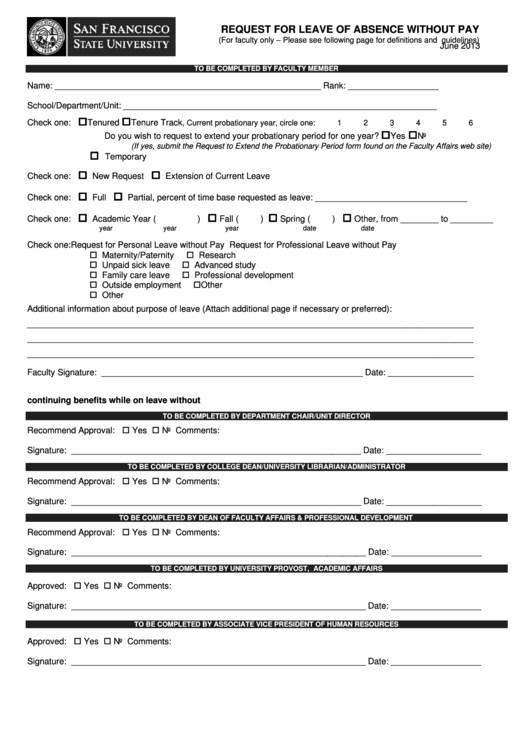Fillable Request Form For Leave Of Absence Without Pay Printable pdf