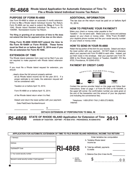 Form Ri-4868 - Application For Automatic Extension Of Time To File Rhode Island Individual Income Tax Return - 2013