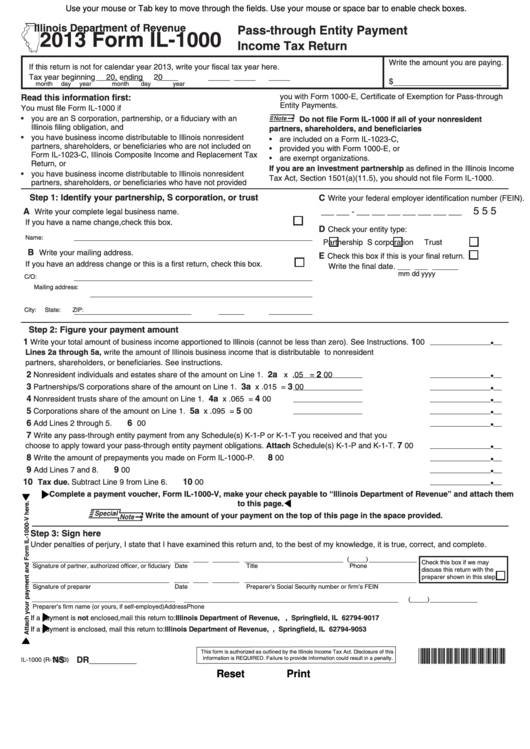 Fillable Form Il-1000 - Pass-Through Entity Payment Income Tax Return ...