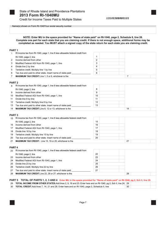 Form Ri-1040mu - Credit For Income Taxes Paid To Multiple States - 2013 Printable pdf