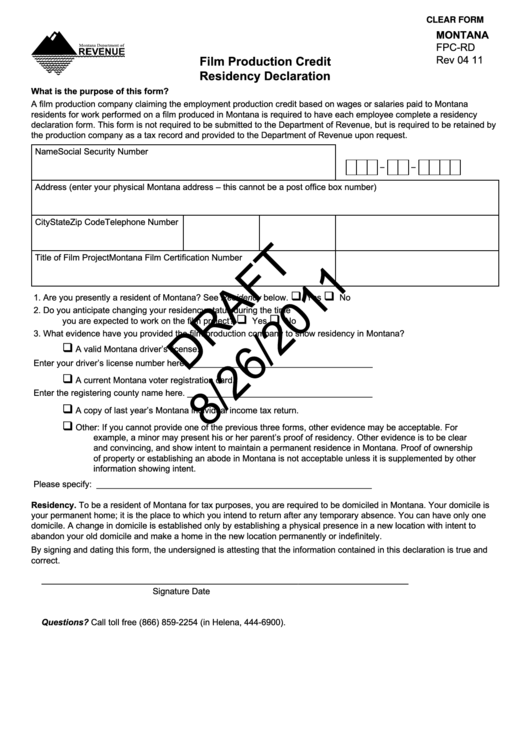 Fillable Montana Form Fpc-Rd Draft - Film Production Credit Residency Declaration - 2011 Printable pdf