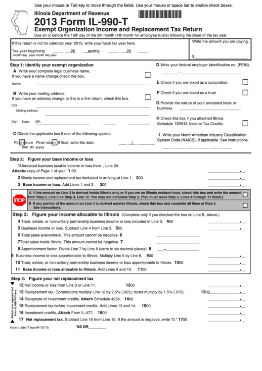 Fillable Form Il-990-T - Exempt Organization Income And Replacement Tax Return - 2013 Printable pdf