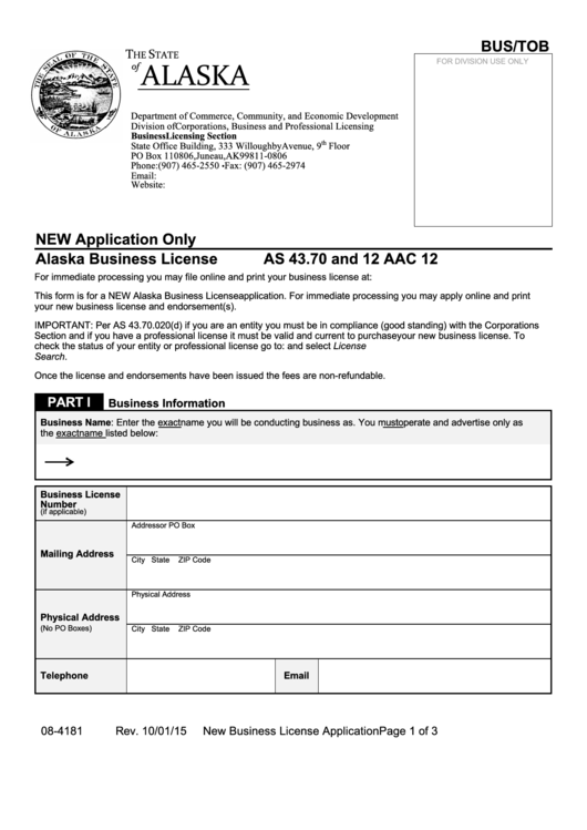 Fillable Form 08-4181 - Alaska Business License Printable pdf