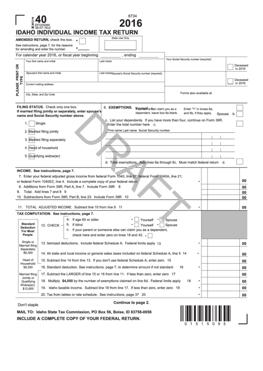 Form 40 Draft - Idaho Individual Income Tax Return - 2016 Printable pdf