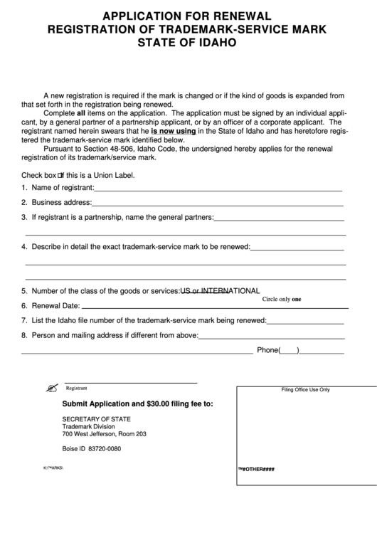 Application For Renewal Registration Of Trademark-Service Mark State Of Idaho Form Printable pdf