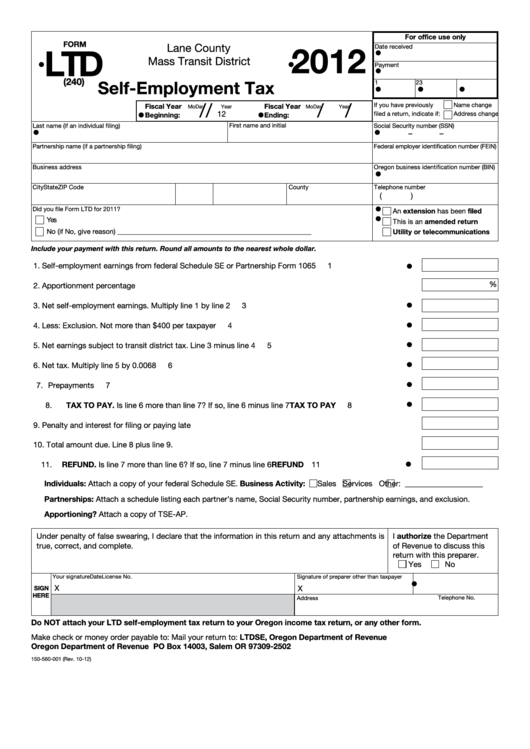 Fillable Form Ltd - Self-Employment Tax - 2012 printable pdf download