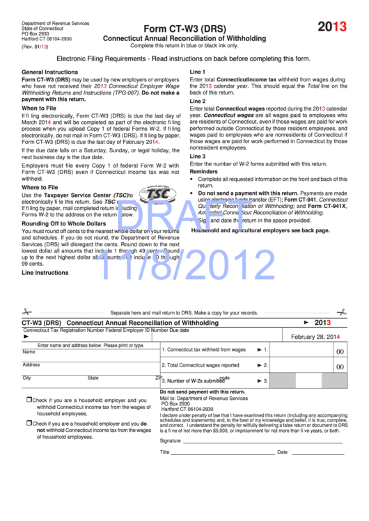 Form Ct-W3 (Drs) Draft - Connecticut Annual Reconciliation Of Withholding - 2013 Printable pdf