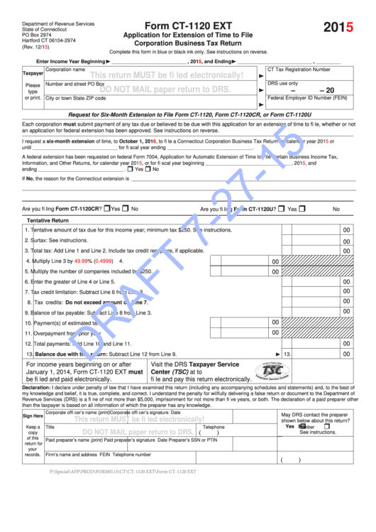 Form Ct-1120 Ext Draft - Application For Extension Of Time To File Corporation Business Tax Return - 2015 Printable pdf