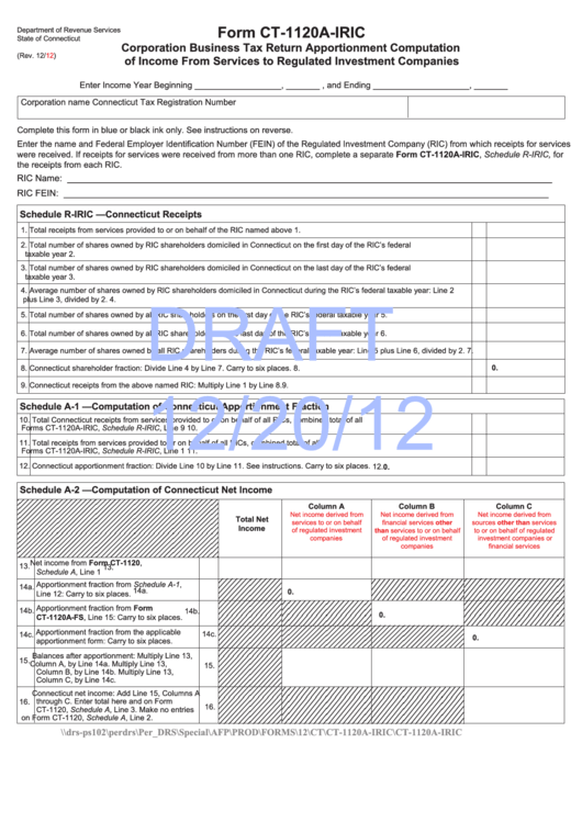 Form Ct-1120a-Iric Draft - Corporation Business Tax Return Apportionment Computation Of Income From Services To Regulated Investment Companies - 2012 Printable pdf