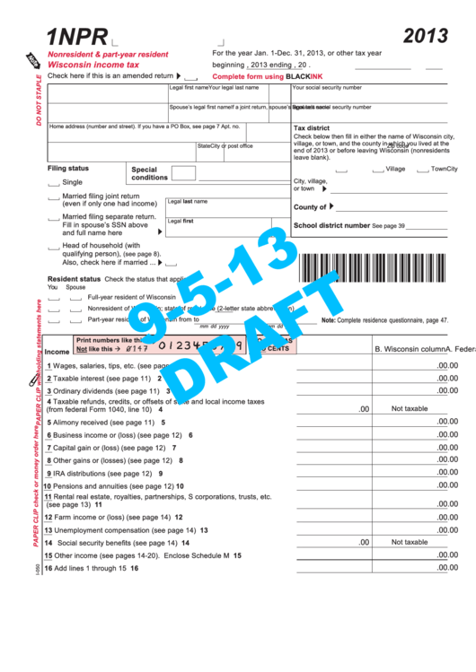 Form 1npr Draft - Nonresident & Part-Year Resident Wisconsin Income Tax - 2013 Printable pdf