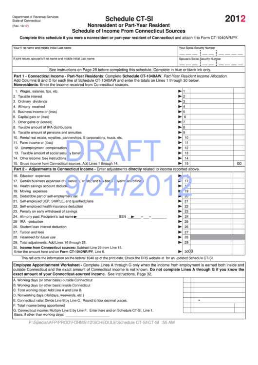 Schedule Ct-Si Draft - Nonresident Or Part-Year Resident Schedule Of Income From Connecticut Sources - 2012 Printable pdf