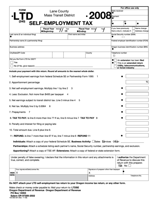 Fillable Form Ltd - Self-Employment Tax - 2008 Printable pdf