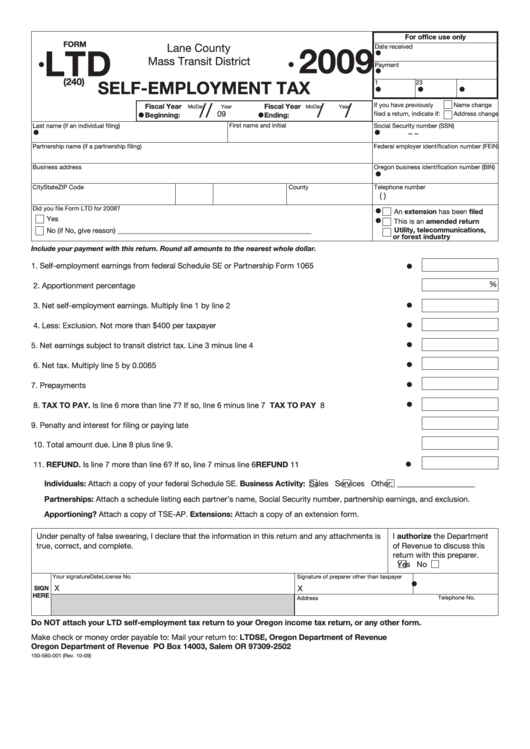 Fillable Form Ltd - Self-Employment Tax - 2009 Printable pdf