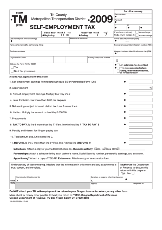 Fillable Form Tm - Self-Employment Tax - 2009 Printable pdf