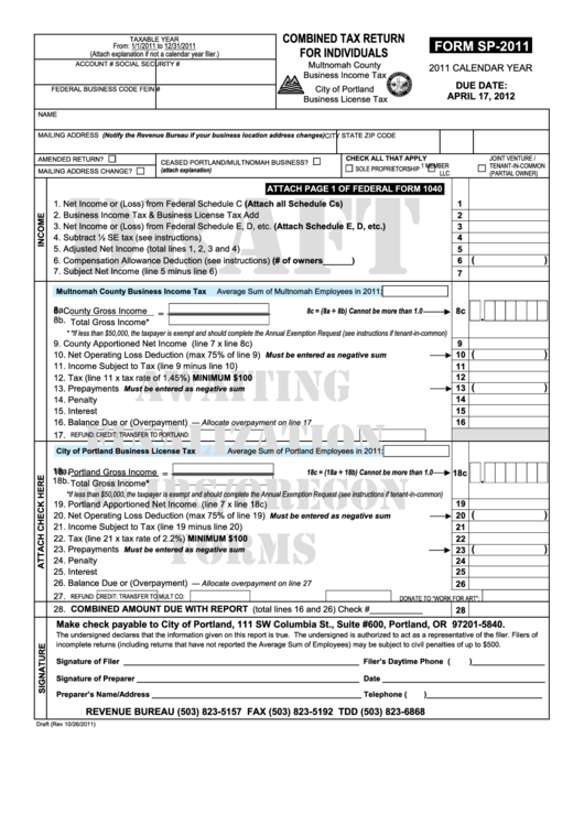 Form Sp-2011 Draft- Combined Tax Return For Individuals Printable pdf