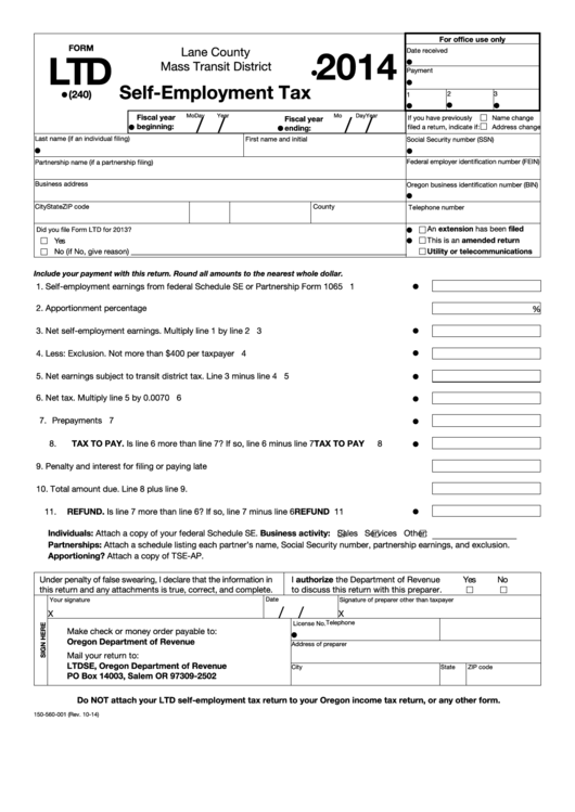 Fillable Form Ltd - Self-Employment Tax - 2014 Printable pdf