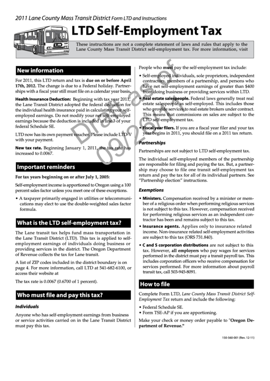 Form Ltd And Instructions Draft - Self-Employment Tax - 2011 Printable pdf