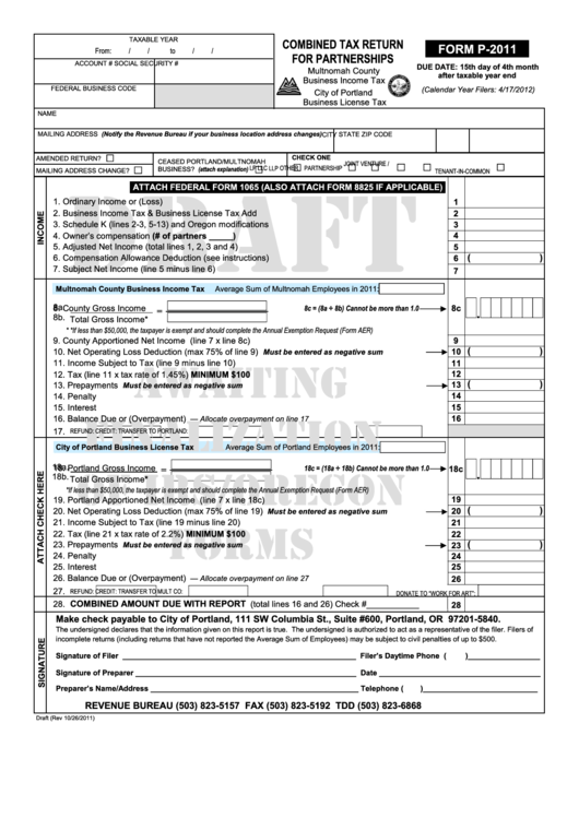 Form P2011 Draft Combined Tax Return For Partnerships printable pdf