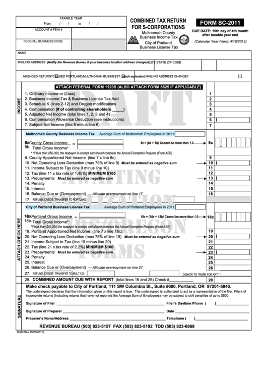 Form Sc-2011 Draft - Combined Tax Return For S-Corporations - 2011 Printable pdf