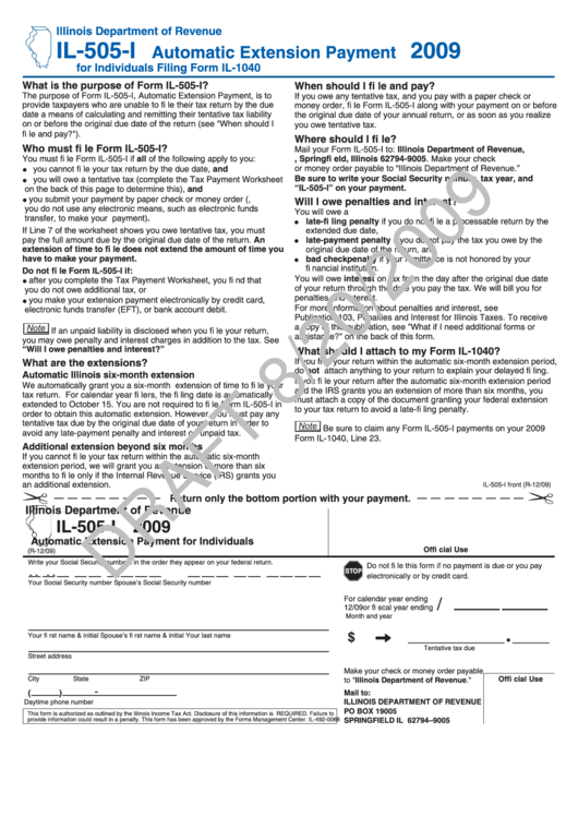 Form Il-505-I Draft - Automatic Extension Payment For Individuals - 2009 Printable pdf