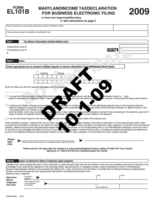 Form El101b Draft - Maryland Income Tax Declaration For Business Electronic Filing - 2009 Printable pdf