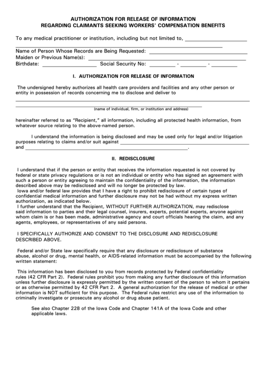 Form 14-0043 - Authorization For Release Of Information Printable pdf