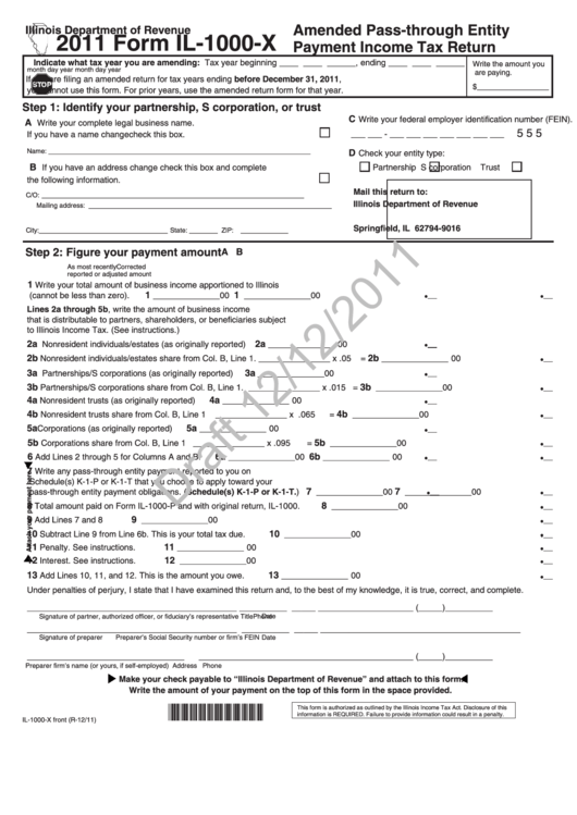 Form Il-1000-X Draft - Amended Pass-Through Entity Payment Income Tax Return - 2011 Printable pdf