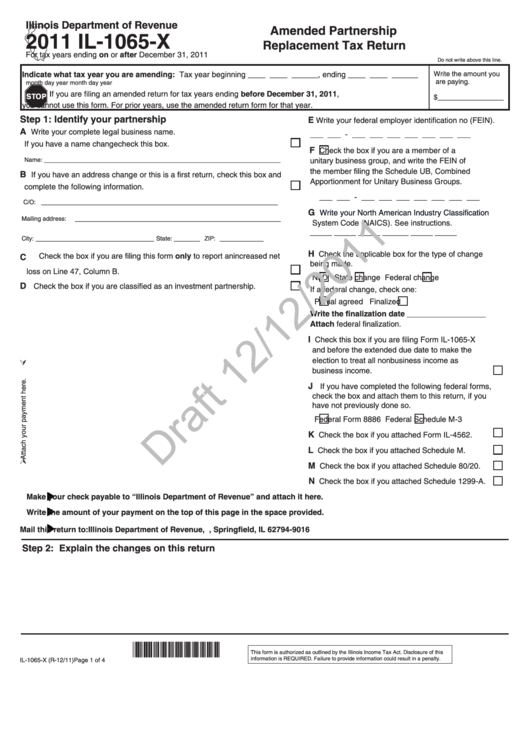 Form Il-1065-X (Draft) - Amended Partnership Replacement Tax Return (2011) Printable pdf