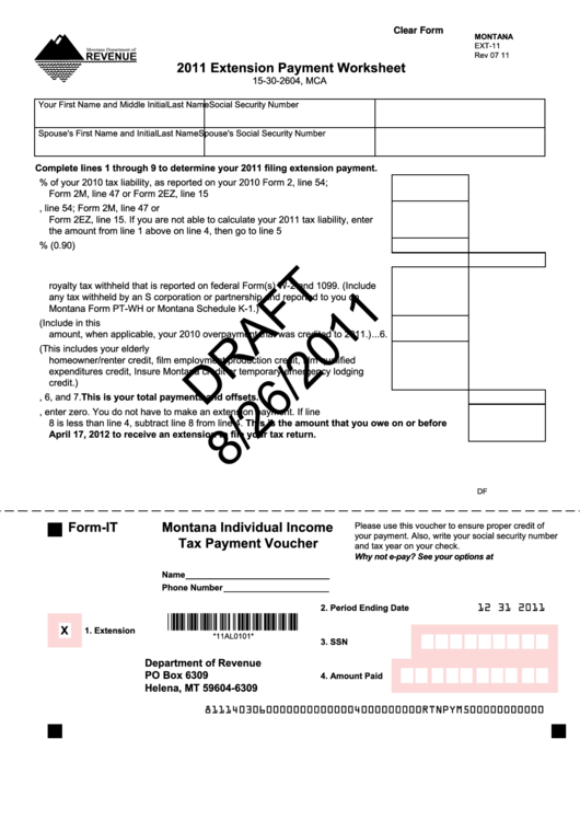Fillable Montana Form Ext-11 Draft - Extension Payment Worksheet - 2011 Printable pdf