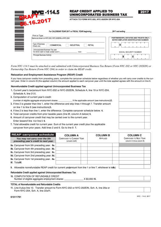 Form Nyc-114.5 Draft - Reap Credit Applied To Unincorporated Business Tax - 2017 Printable pdf