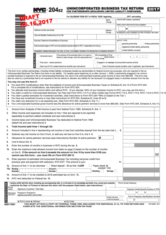 Form Nyc-204ez Draft - Unincorporated Business Tax Return For Partnerships (Including Limited Liability Companies) - 2017 Printable pdf