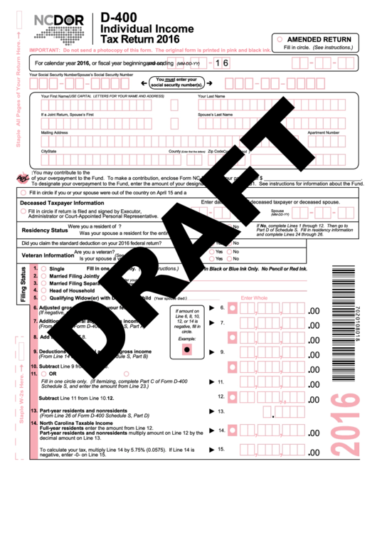 Form D-400 - Individual Income Tax Return - 2016 Printable pdf