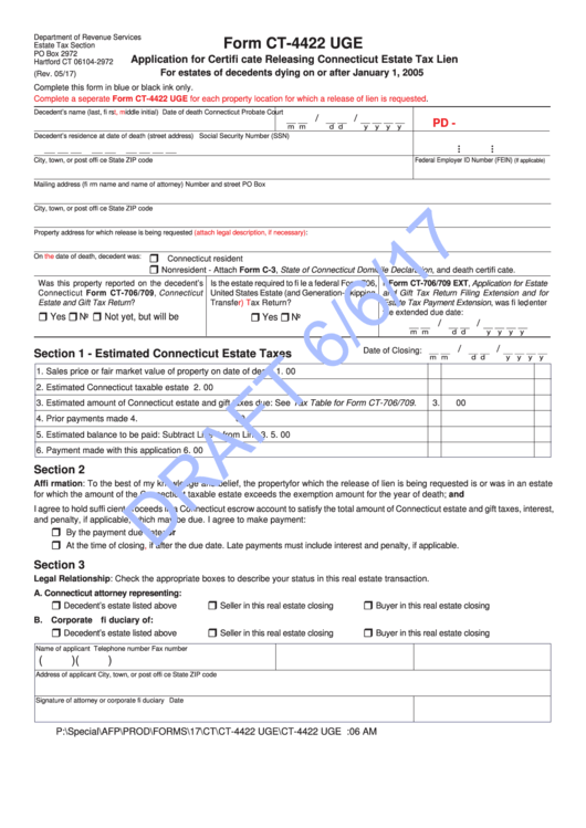 Form Ct-4422 Uge Draft - Application For Certifi Cate Releasing Connecticut Estate Tax Lien Printable pdf