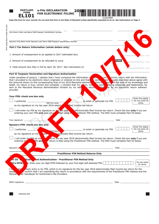 Form El101 - E-File Declaration For Electronic Filing - 2016 Printable pdf
