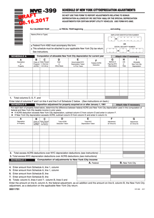 Form Nyc-399 Draft - Schedule Of New York City Depreciation Adjustments - 2017 Printable pdf