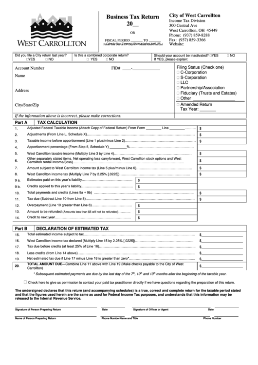 Business Tax Return - City Of West Carrollton Printable pdf