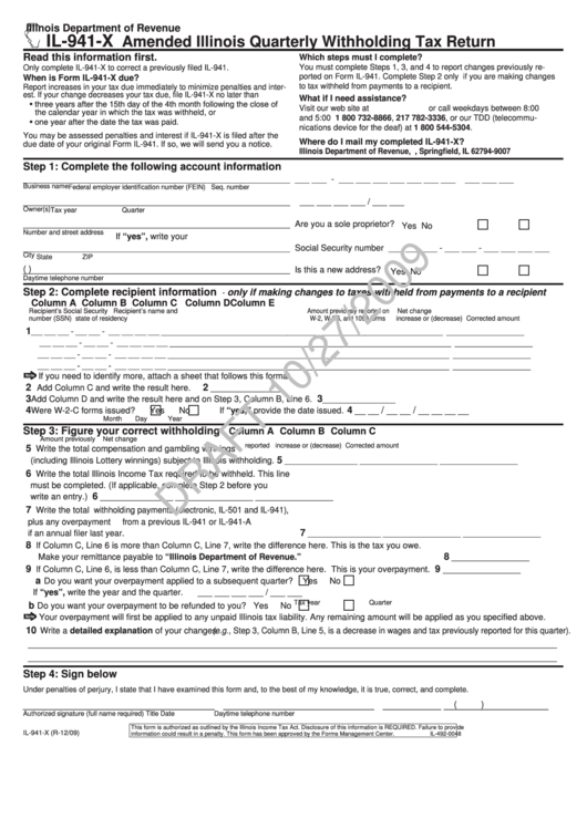 Form Il-941-X Draft - Amended Illinois Quarterly Withholding Tax Return - 2009 Printable pdf
