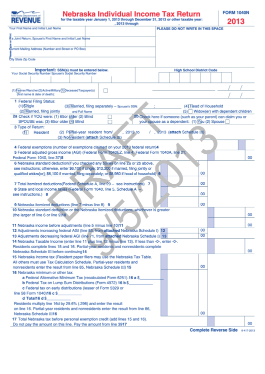 Form 1040n Draft - Nebraska Individual Income Tax Return - 2013 Printable pdf