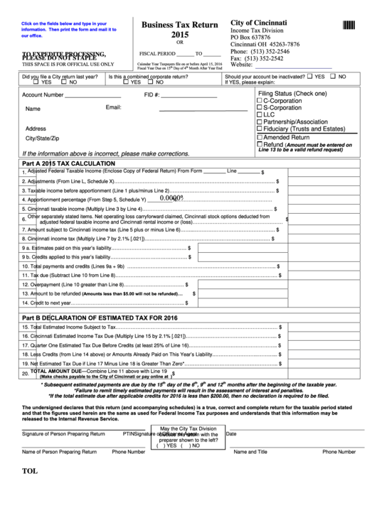 Fillable Business Tax Return Form - City Of Cincinnati - 2015 Printable pdf