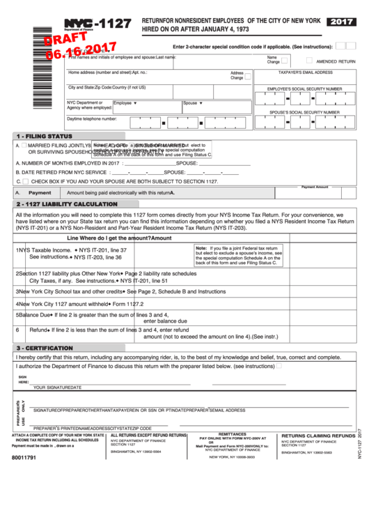 Form Nyc-1127 Draft - Return For Nonresident Employees Of The City Of New York Hired On Or After January 4, 1973 - 2017 Printable pdf