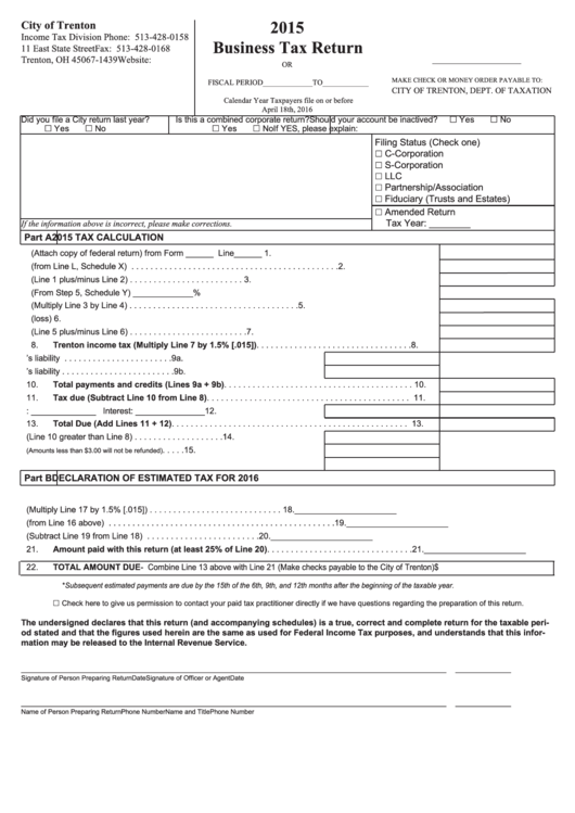 Business Tax Return - City Of Trenton Income Tax Division - 2015 Printable pdf